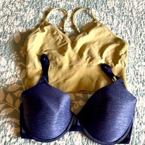 2 bras: blue criss-cross strap underwire & tan pullover bra